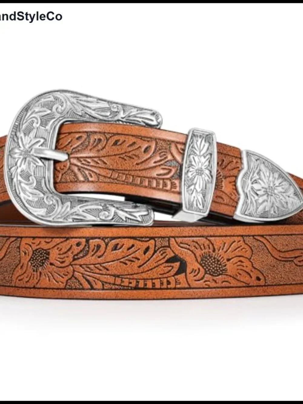 Vintage Western PU Leather Belt Floral Carved Buckle Cowgirl Waist Belt